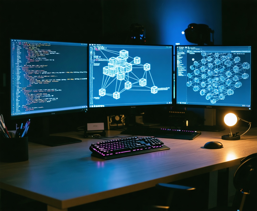 Современное рабочее место программиста со сложным кодом на мониторе