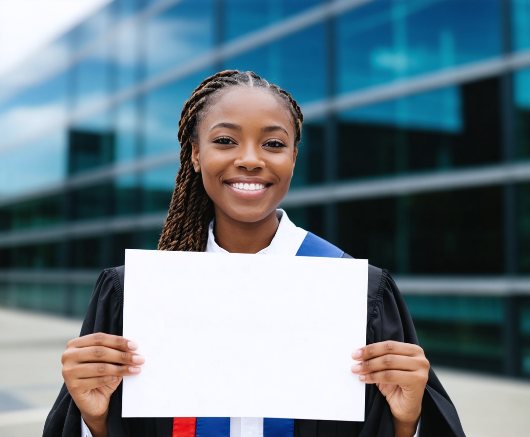 Улыбающаяся выпускница с дипломом в руках — символ успешного завершения обучения